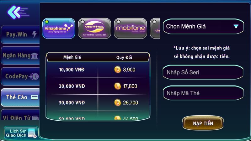 Nạp tiền 789 Club qua thẻ cào
