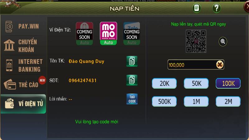 Nạp tiền B52 game qua momo