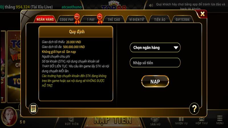 Nạp tiền Top88 qua ngân hàng