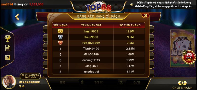 Hàng loạt cơ hội chiến thắng với số tiền lớn chỉ có tại Xì Dách Top88 