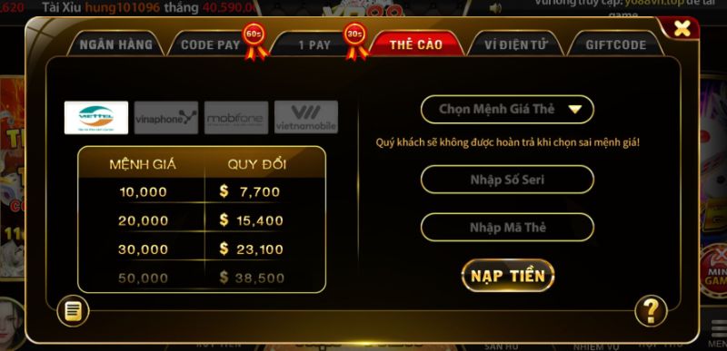 Nạp tiền vào tài khoản nhanh chóng nhiều hình thức