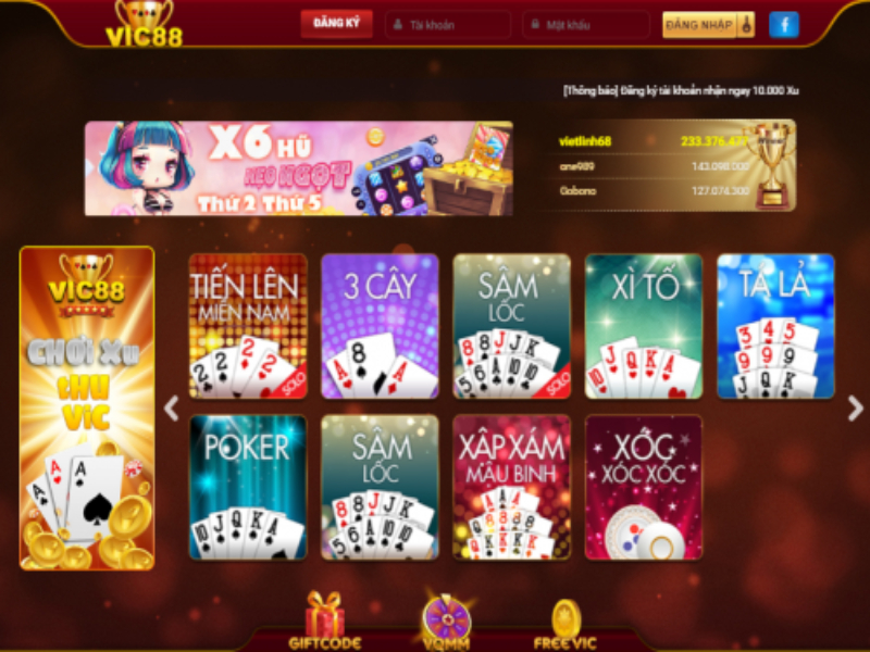 Trang chủ của cổng game Vic88