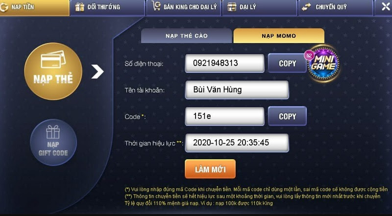 Các bước nạp tiền vào tài khoản game X6 club