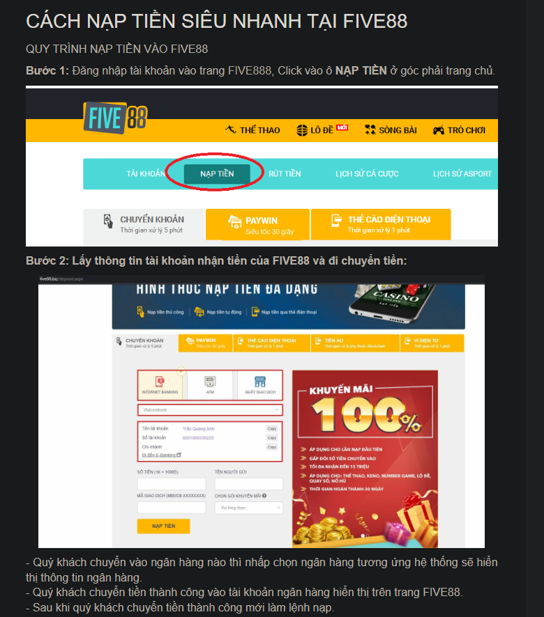 Hướng dẫn nạp tiền, rút tiền tại nhà cái FIVE88 an toàn, nhanh chóng, chính xác.